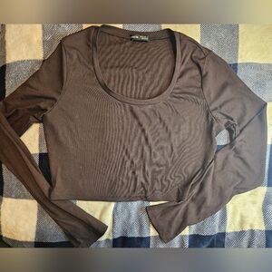 Shein Womens Brown Long Sleeve Crew Neck Cropped Top Size XL